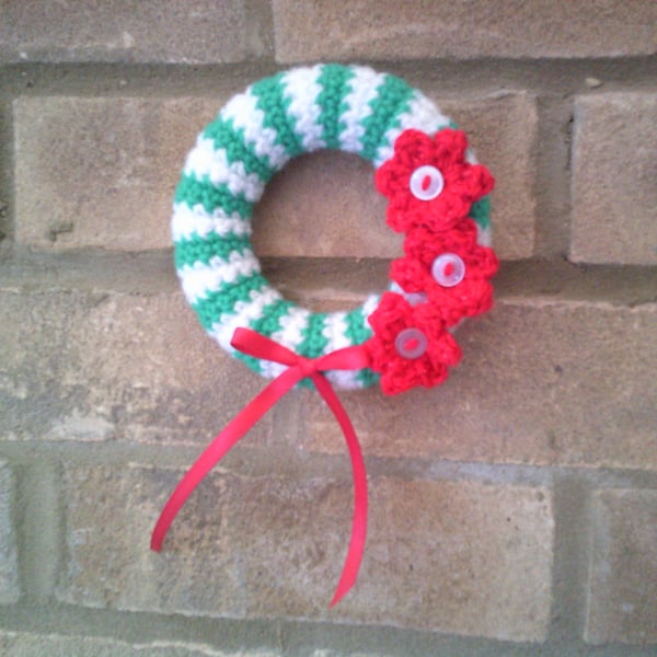 Green and White Striped Crocheted Mini Christmas Wreath