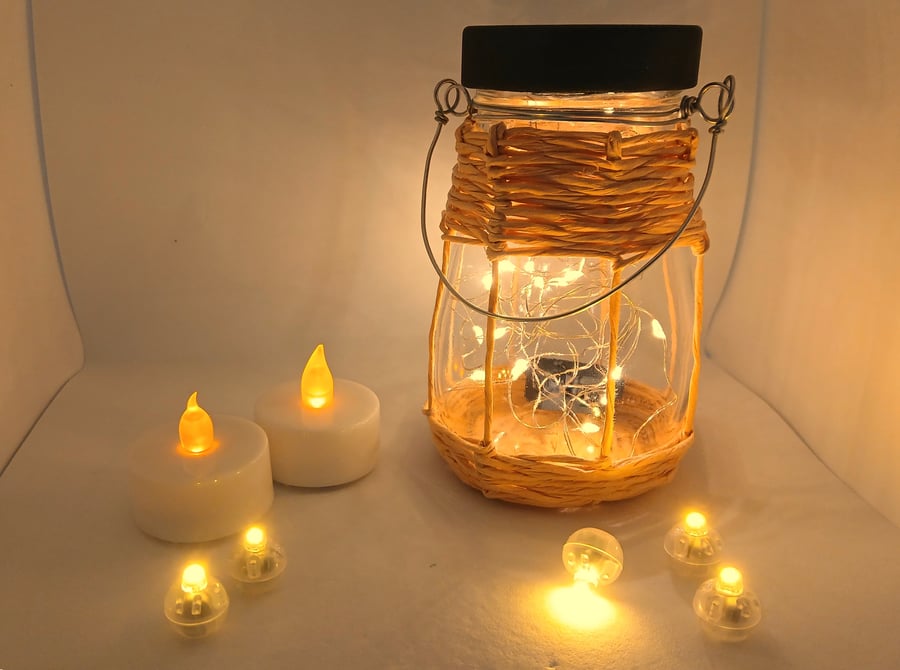 Rustic, Upcycled Glass Jar Lantern with Fairy Lights (Teardrop, Light Brown)