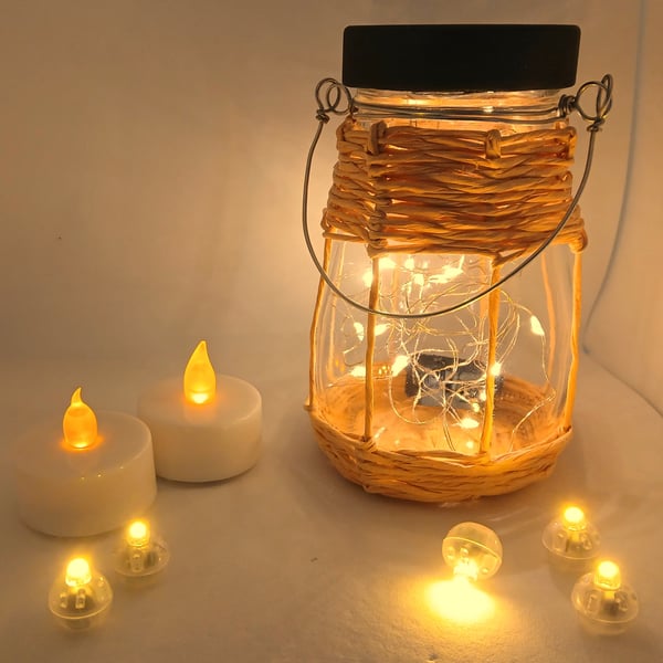Rustic, Upcycled Glass Jar Lantern with Fairy Lights (Teardrop, Light Brown)