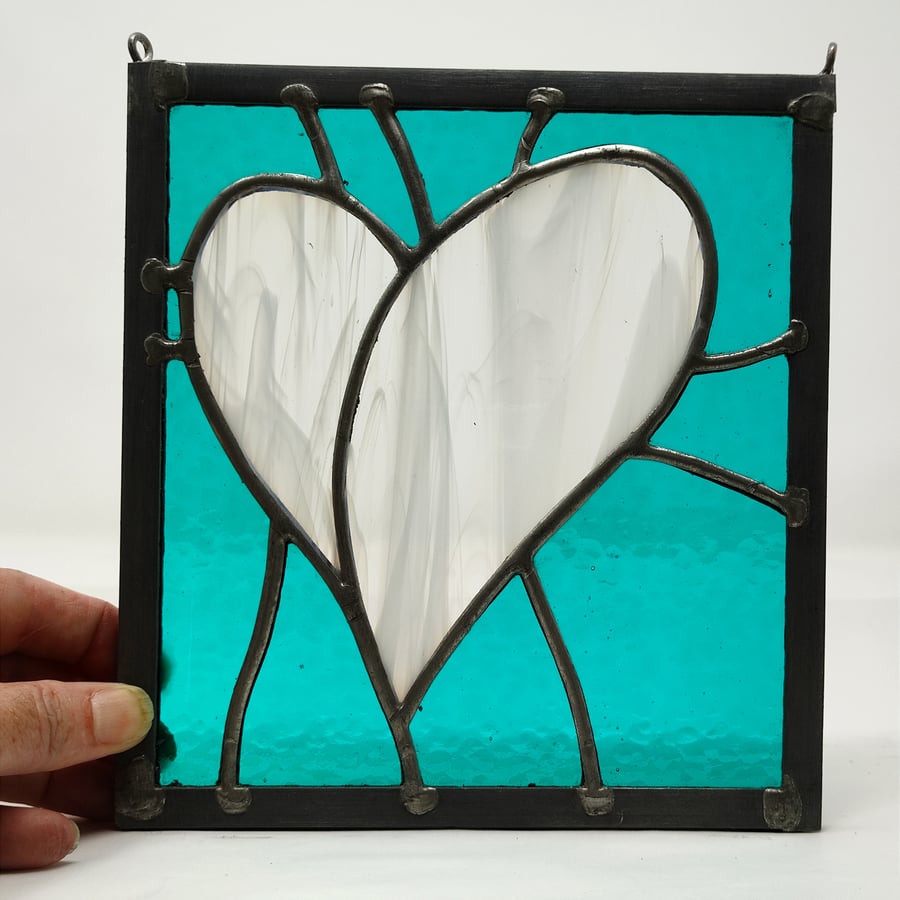 SOLD Stained glass heart white with jade background copperfoil and lead panel