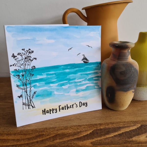 Seascape beach Father's Day card handpainted watercolour