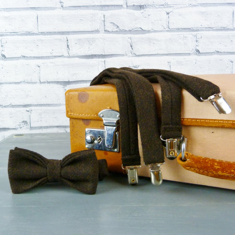 Yorkshire Tweed Bow Tie and Braces - Dark Brown Twill 