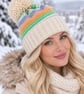 Ladies Hand-knitted Bobble Hat, Cream and Pastel Stripe Design  - Image 1