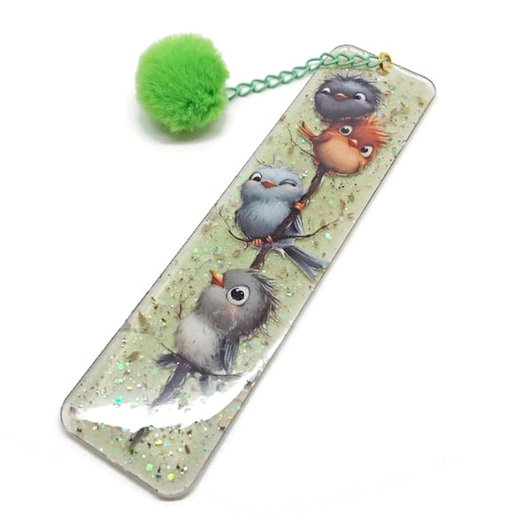 Tree Birds Bookmark in Green with Glitter and Pompom