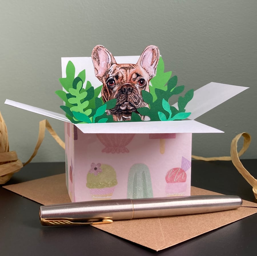 Frenchie Birthday Card. Personalised or blank 3D French Bulldog gift card holder