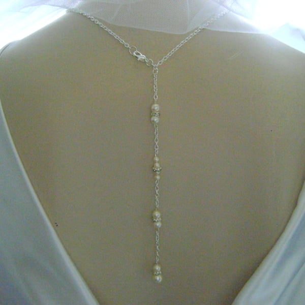 Cream Pearl & Rhinestone Backdrop Bridal Necklace