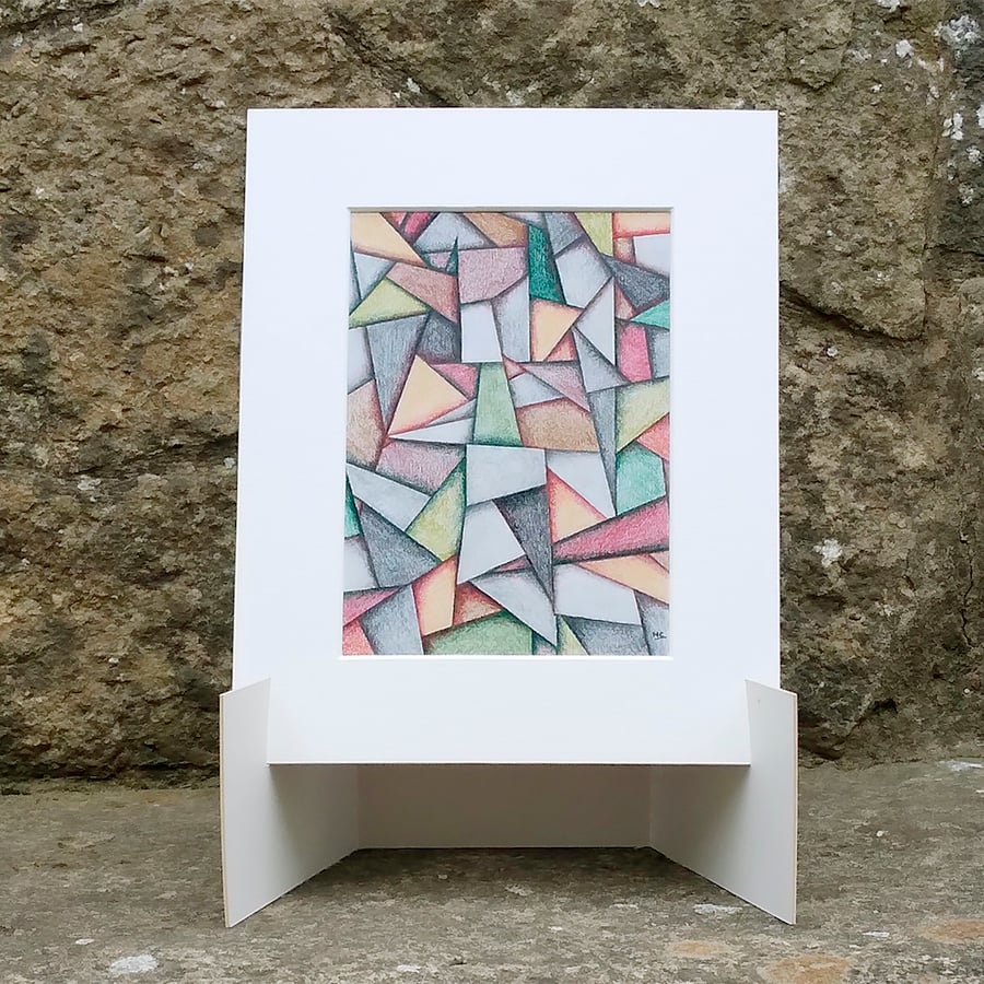 Small Abstract Drawing Original Multicolour Coloured Pencil - Geometric Facets 