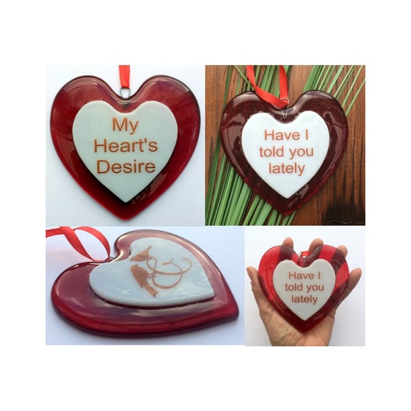 Handmade Fused Glass Red Personalised Love Heart - Hanging Decoartion 