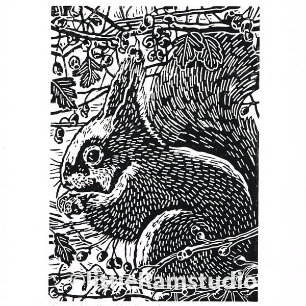 Squirrel art - Squirrel in the Hawthorn  - Original Linocut Print in black