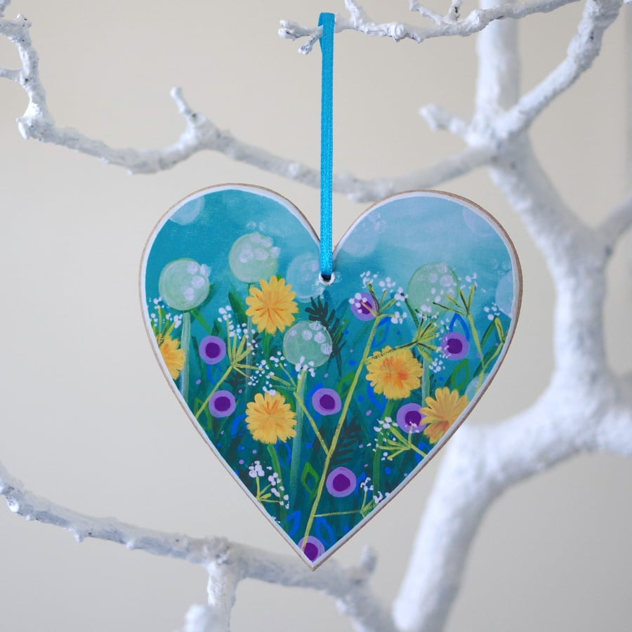 Blue Hanging Heart with Purple Flowers and Dandelions, Blue Hanging Decoration