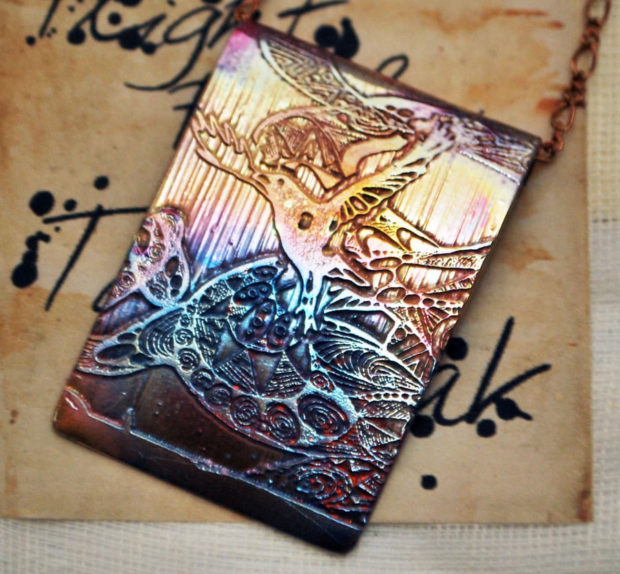Etched copper crow pendant - copper pendant on brass chain