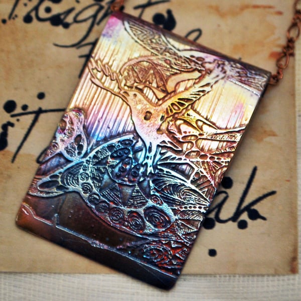 Etched copper crow pendant - copper pendant on brass chain