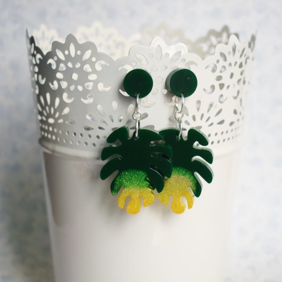 Deep Green and Yellow Monstera Leaf Resin Earrings