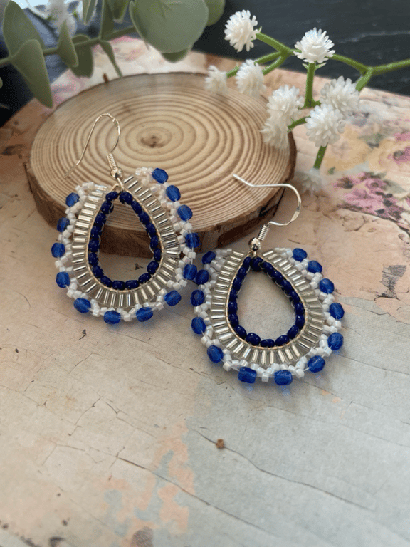 Beautiful beaded tear drop dangle hoop statement earrings, gift for her 