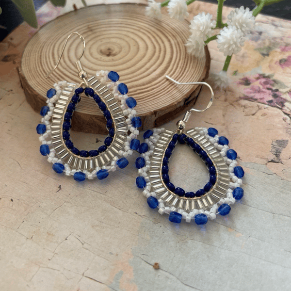 Beautiful beaded tear drop dangle hoop statement earrings, gift for her 