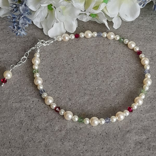  Anklet Sterling Silver Cream Pearl and Mixed Colour Crystal 
