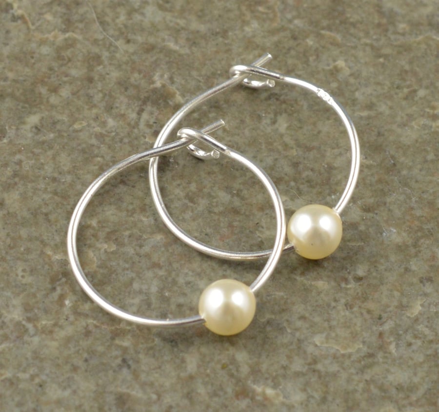 Cream Swarovski Crystal Pearl 15mm Sterling Silver Hoop Earrings