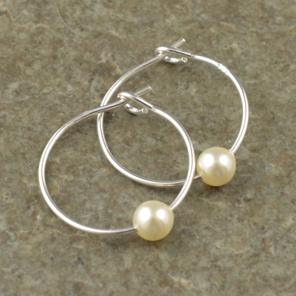 Cream Swarovski Crystal Pearl 15mm Sterling Silver Hoop Earrings