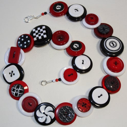 Red, black and white button necklace 