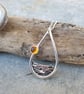 Silver sea mountains hills pendant with amber sun