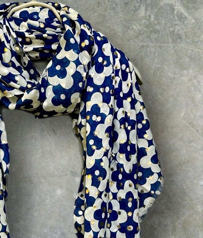 Chic Navy Blue Retro Florals Scarf with Gold Accents for All season,Great Gifts 