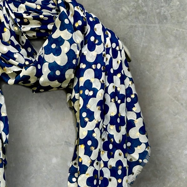 Chic Navy Blue Retro Florals Scarf with Gold Accents for All season,Great Gifts 