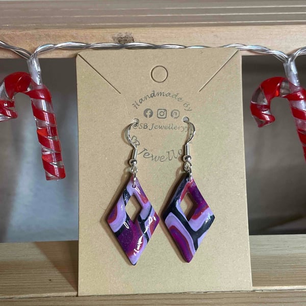 Handmade Polymer Clay Purple Patterned Dangle Earrings 