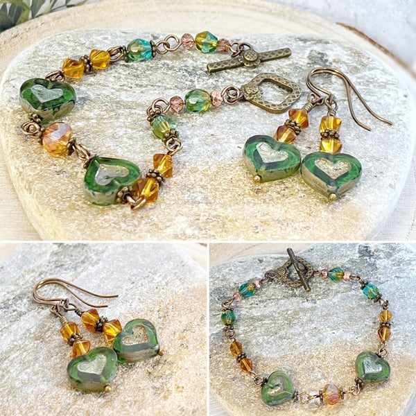 Emerald green and amber beaded heart bracelet and earrings set