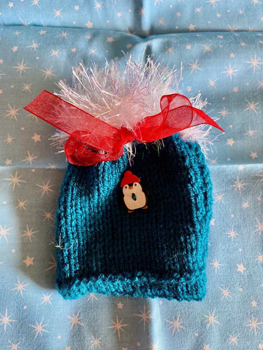 Teal blue Christmas knitted gift bag