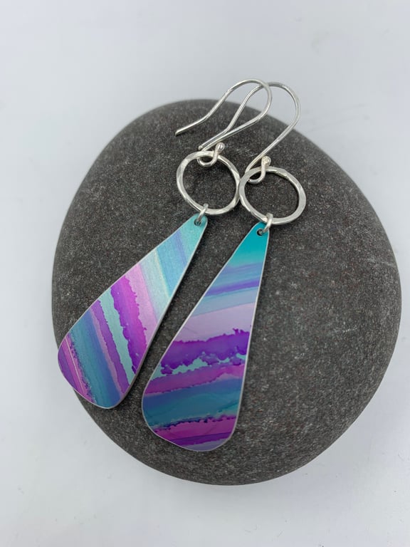 Turquoise purple and pink striped drop earrings with silver ring