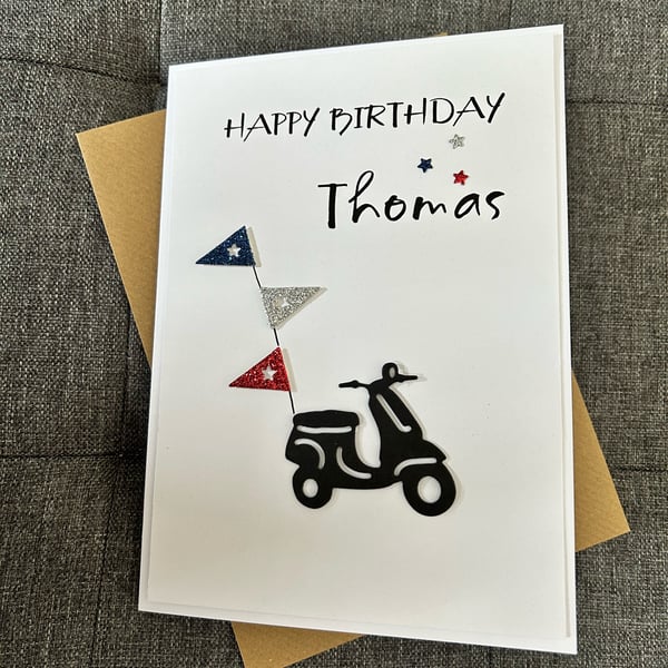Handmade Personalised Birthday card - Scooter design