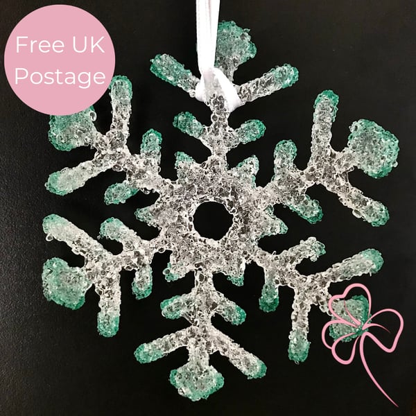 Aqua Tipped Ice Glass Snowflake 