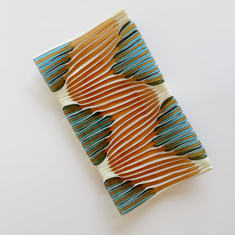 Fused glass strip-cut patterned decorative dish, amber waves