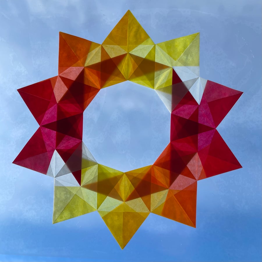 Origami Folded Paper Star Wreath, Window Decoration, Colourful Waldorf Star