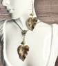 Sage green Czech glass and brass leaf pendant and earrings set, boho jewellery - Image 10