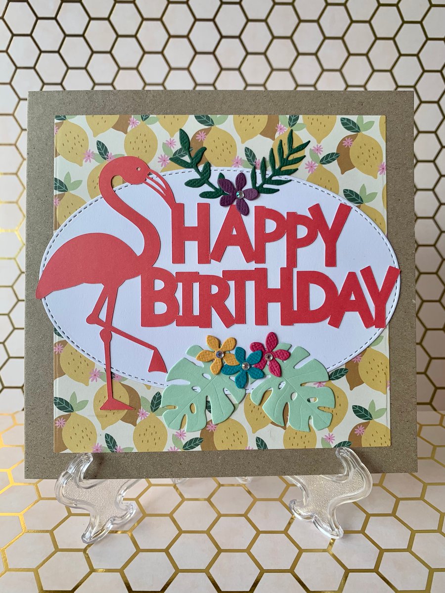 Handmade Flamingo Happy Birthday Card (lemon)