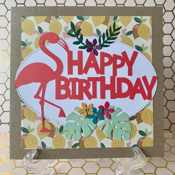 Handmade Flamingo Happy Birthday Card (lemon)