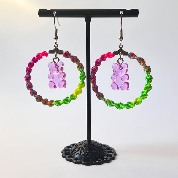 Earrings Macrame Hoop -  Rainbow Gummy Bear Purple FREE UK P&P