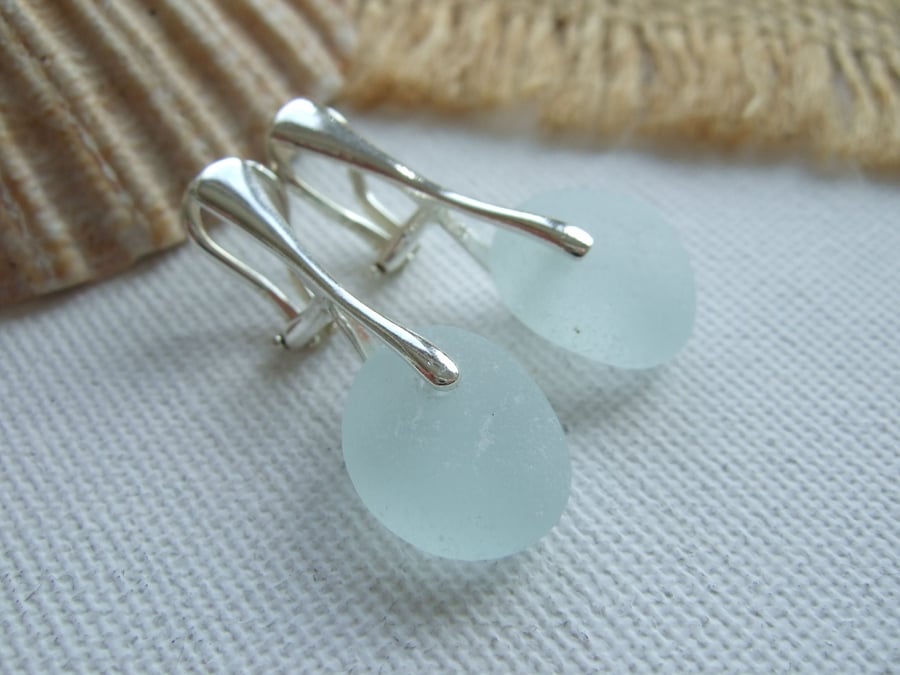 Sea glass jewelry, beach glass Clip on earrings, sea foam, sterling silver