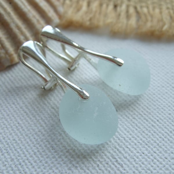 Sea glass jewelry, beach glass Clip on earrings, sea foam, sterling silver