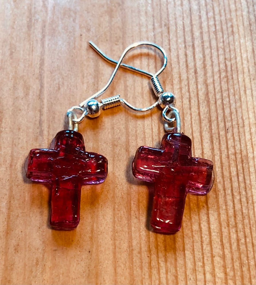 Pink glass cross earrings