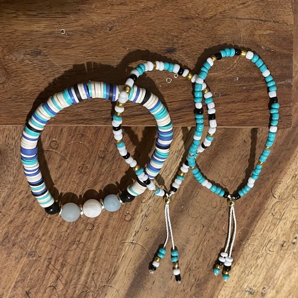 Stacking Teal Blue Bracelets Set. Amazonite, Heishi, Glass, Wood, Polymer Clay