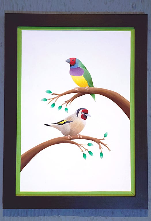 Handmade Framed A3 Print Colourful Gouldian GoldFinch Light Green Border Wallart