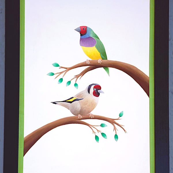 Handmade Framed A3 Print Colourful Gouldian GoldFinch Light Green Border Wallart