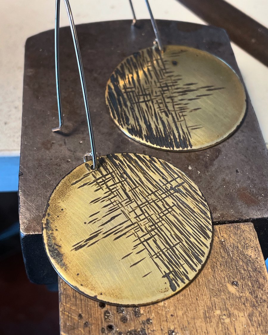 Brass and Silver Earrings-large hammered brass disk earring