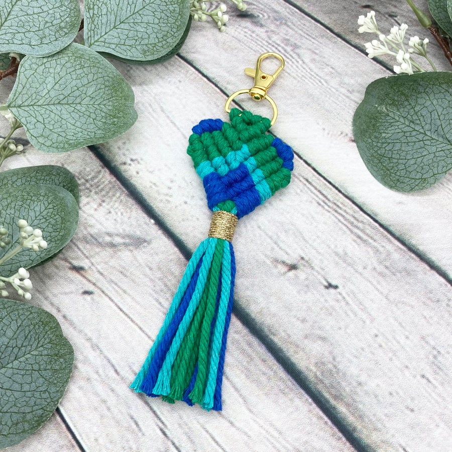 Macrame Love Heart Keyring - Handmade macrame keyring - Peacock Collection 