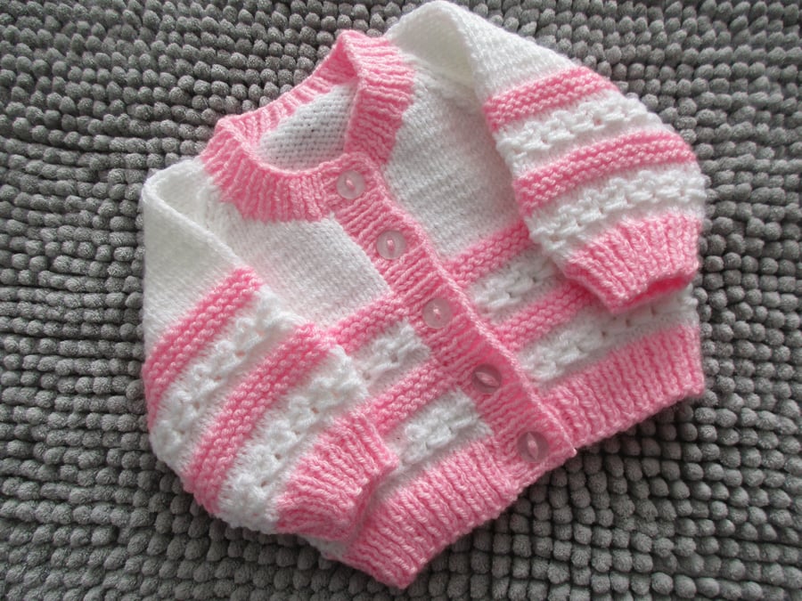 14" White & Pink Newborn Girls Round Neck Cardigan 