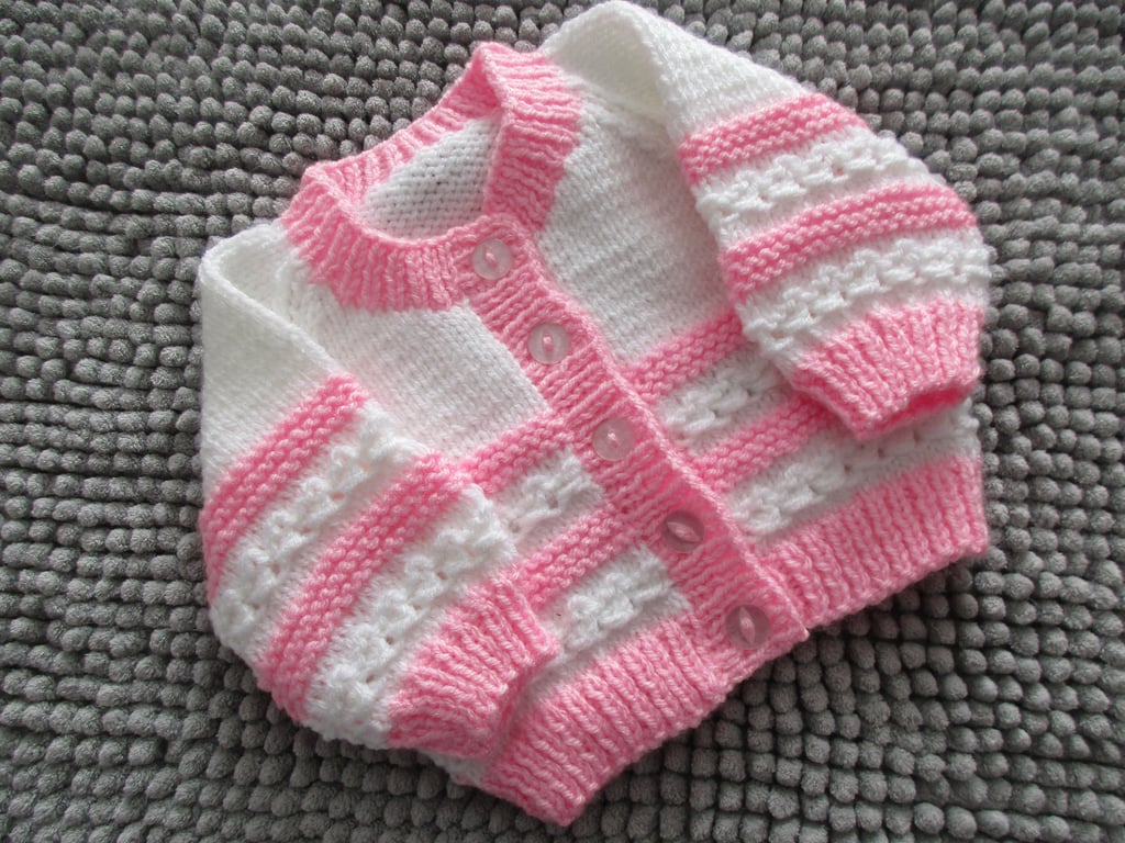 14" White & Pink Newborn Girls Round Neck Cardigan 