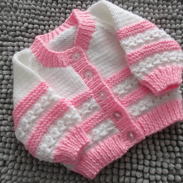 14" White & Pink Newborn Girls Round Neck Cardigan 