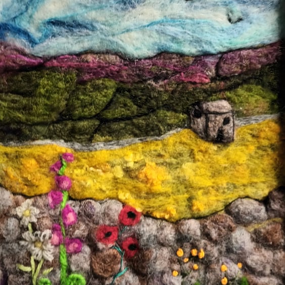 Needle felt and embroidered picture -  Buttercup field